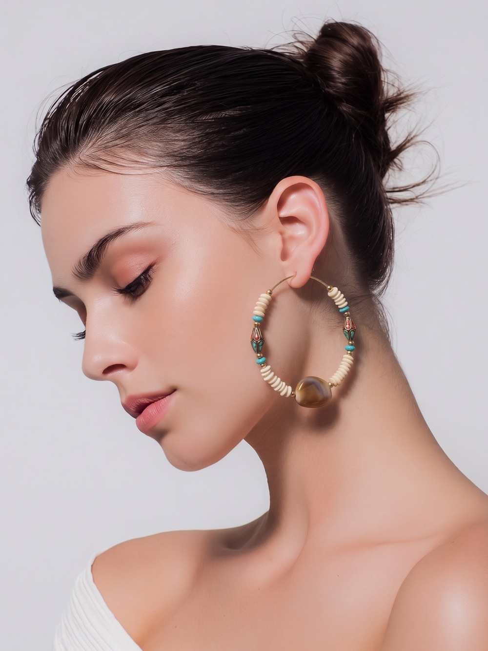 Boho Beaded Hoop Earrings - Cream & Turquoise
